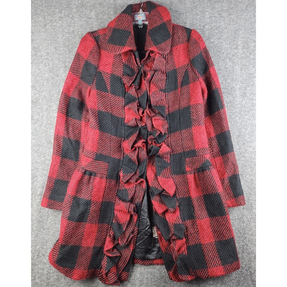 Plenty by‎ Tracy Reese Plaid Ruffle Front Coat Women S Black Buffalo Check Wool